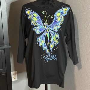 Bob Mackie Top 1X Wearable Art Butterfly Tunic Top Black Graphic 3/4 Sleeve